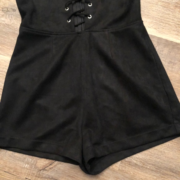Black Suede Lace-Up Romper - Picture 3 of 4